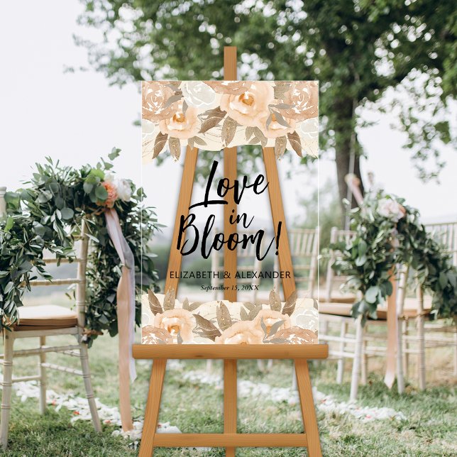 Love in Bloom Peach Flowers Wedding Acrylic Sign (Love in Bloom Peach Flowers Wedding Welcome Clear Acrylic Sign)