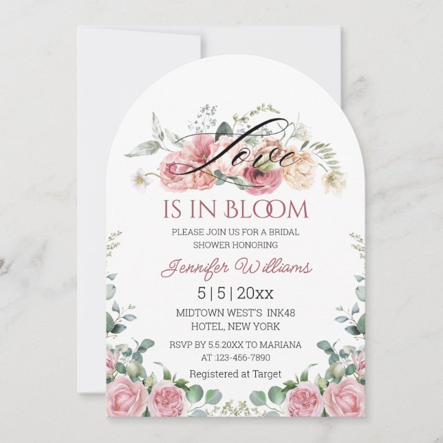 love in bloom pink blush floral bridal shower arch invitation (Front)