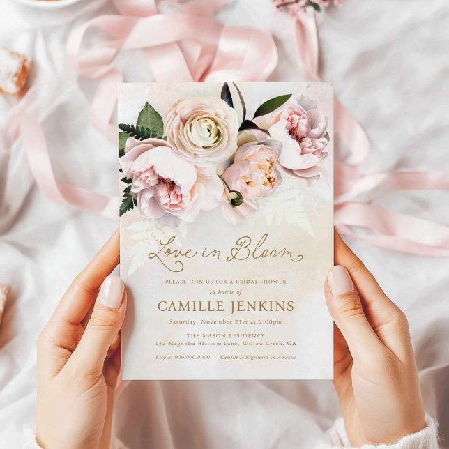 Love in Bloom Pink Floral Bridal Shower Invitation (Love in Bloom Bridal Shower Invitation)