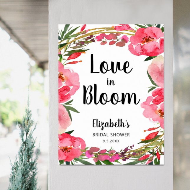 Love in Bloom Pink Flowers Bridal Shower Poster (Love in Bloom Pink Peony Flowers Bridal Shower Welcome Poster, PRINTED or INSTANT DOWNLOAD)