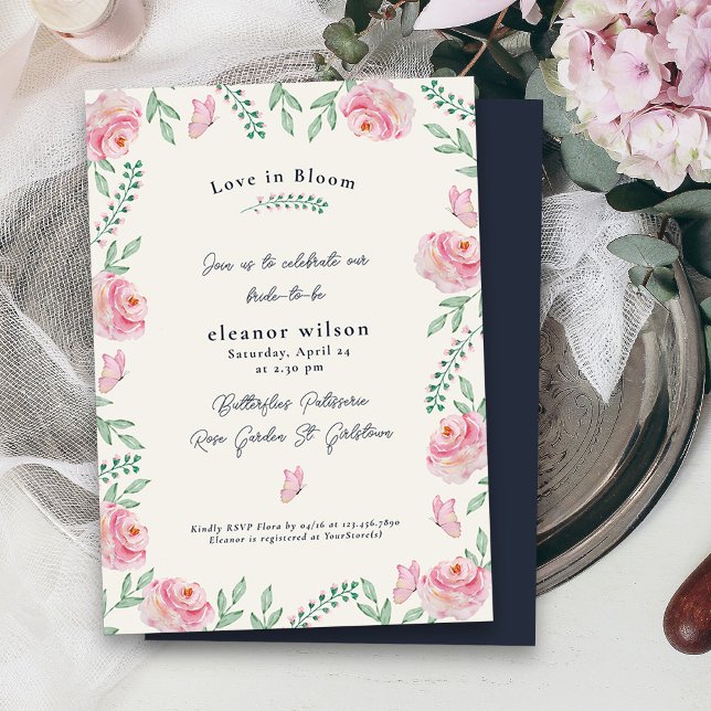 Love in Bloom Pink Rose Butterflies Bridal Shower Invitation (Love in Bloom Bridal Shower invitation with pretty pink roses and butterflies)