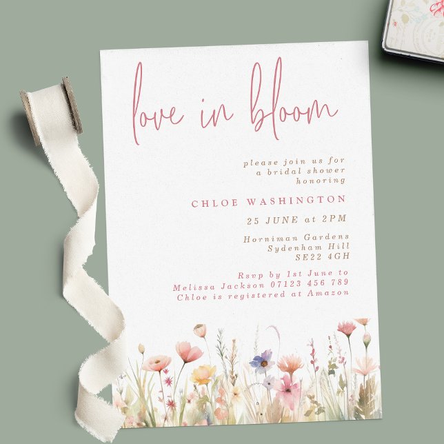 Love in Bloom Pink Wild Flowers Bridal Shower Invitation (Creator Uploaded)