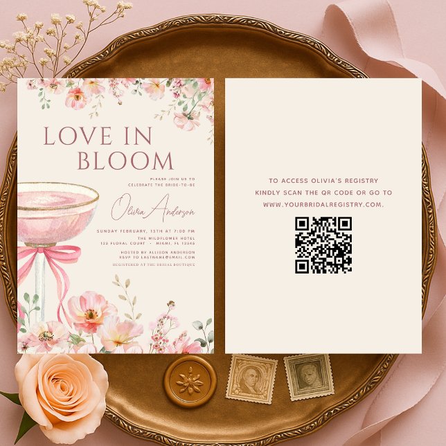 Love in Bloom QR Code Champagne Bow Bridal Shower Invitation (Creator Uploaded)