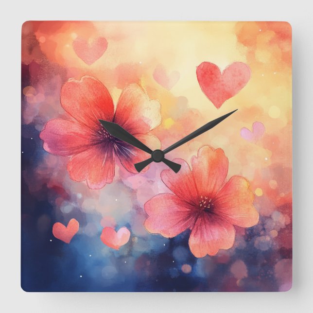 Love in Bloom – Romantic Square Floral Wall Clock (Front)