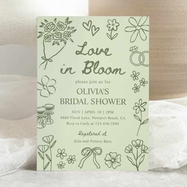 Love in Bloom Sage Green Hand Drawn Bridal Shower Invitation (Creator Uploaded)