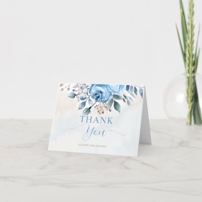 Love in Bloom Something Blue Roses Bridal Shower Thank You Card (Front)
