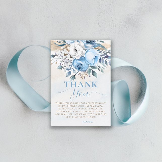 Love in Bloom Something Blue Roses Bridal Shower Thank You Card (something blue bridal shower thank you card dusty roses wheat watercolor romantic garden backyard)