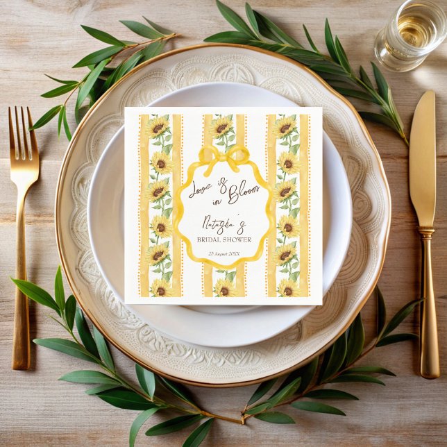 Love in bloom sunflowers bridal shower monogrammed napkin (Love in bloom sunflowers grandmillenial yellow stripes bridal shower monogrammed napkins )
