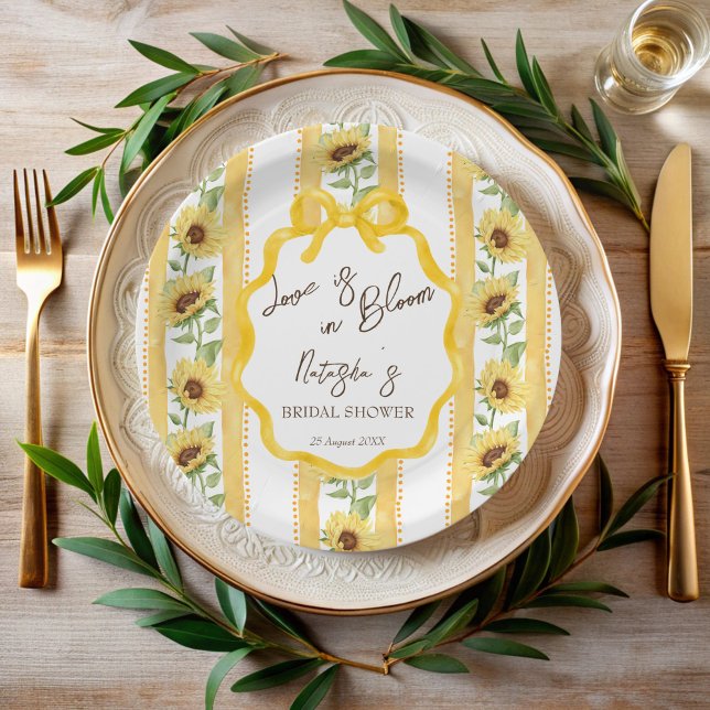 Love in bloom sunflowers bridal shower monogrammed paper plate (Love in bloom sunflowers retro stripes grandmillenial bridal shower monogrammed paper plates)
