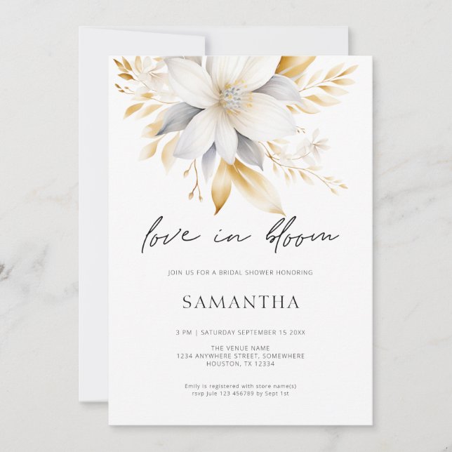 Love In Bloom White Gold Florals Bridal Shower  Invitation (Front)