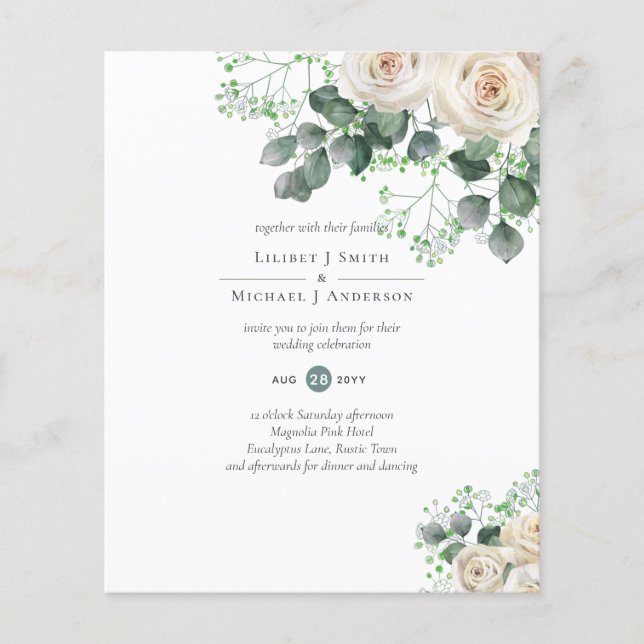 Love in Bloom White Roses Wedding Invitations Flyer (Front)