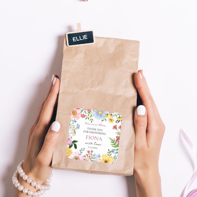 Love in Bloom Wildflower Bridal Shower Thank you Square Sticker (LOVE IS IN BLOOM BRIDAL SHOWER STICKER)