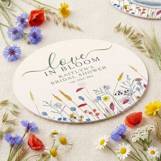 Love in Bloom Wildflower Meadow Bridal Shower Round Paper Coaster (Creator Uploaded)