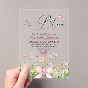Love in Boom Wildflower Pink Bow Bridal Shower Acrylic Invitations
