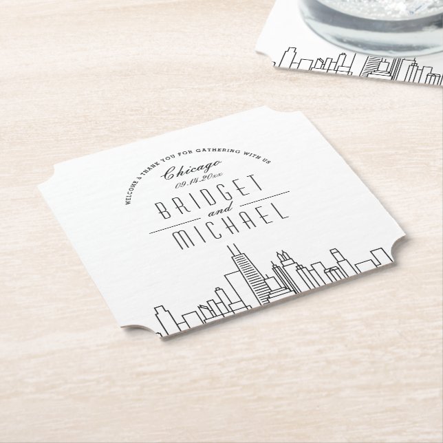 Love in Chicago | Deco City Skyline Welcome Paper Coaster (Angled)