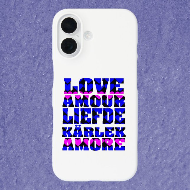 Love in Different Languages Heart Pink and Blue Case-Mate iPhone Case (A phone case that says love in a variety of languages with pink and blue hearts)