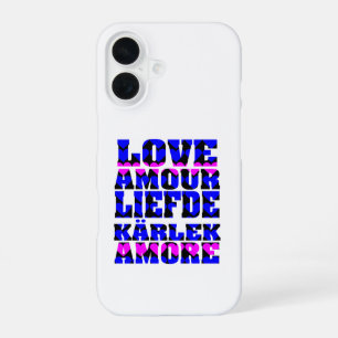 Love in Different Languages Heart Pink and Blue iPhone 16 Case