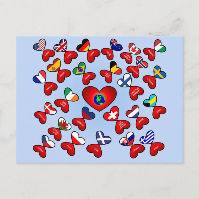 Love in Different World Languages Flag Heart Postcard (Front)