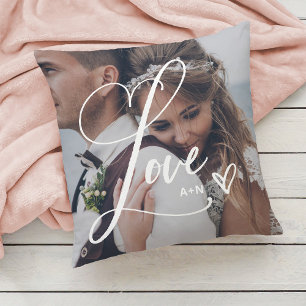 Love in Elegant Script   Two Photo with Heart Cushion