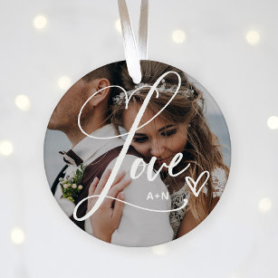 Love in Elegant Script   Two Photos with Heart Ceramic Tree Decoration
