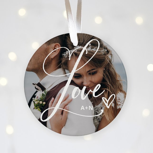 Love in Elegant Script | Two Photos with Heart Ceramic Tree Decoration (An elegant Christmas holiday keepsake with two photos for your loved ones)
