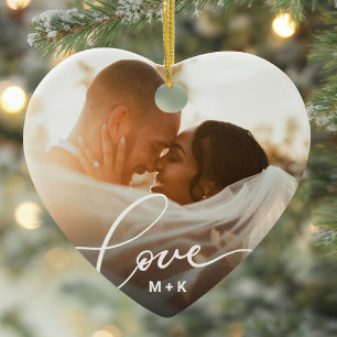 Love in Elegant Script Wedding Photo Ceramic Tree Decoration