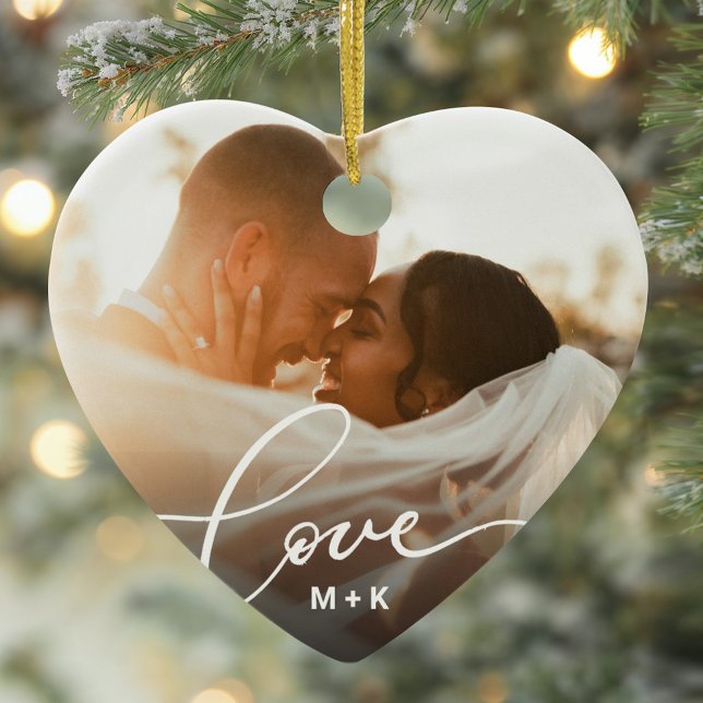 Love in Elegant Script Wedding Photo Ceramic Tree Decoration (Creator Uploaded)
