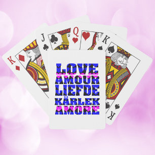 Love in Foreign Languages Hearts Blue Pink Playing Cards
