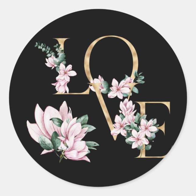 Love in gold letter with magnolia flowers classic round sticker (Front)