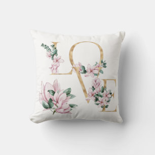 Love in gold letter with magnolia flowers cushion