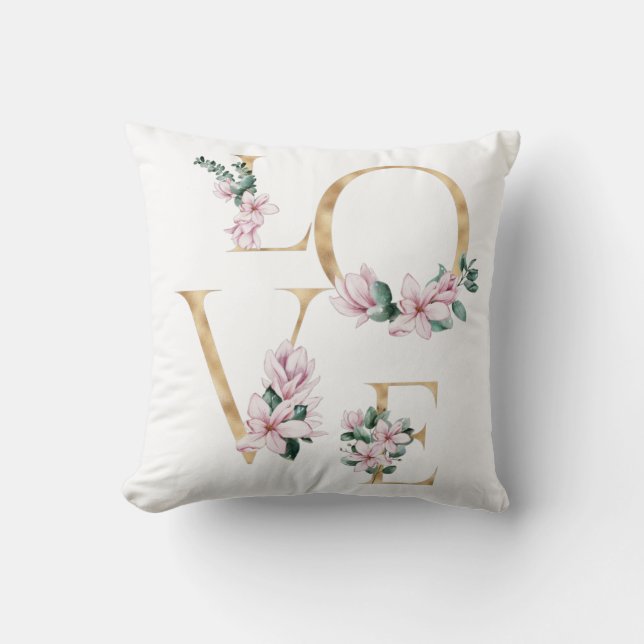 Love in gold letter with magnolia flowers cushion (Front)
