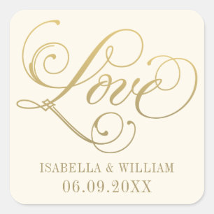 Love in Gold Script Ivory Wedding Monogram Square Sticker