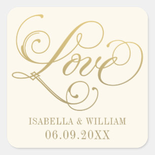 Love in Gold Script Ivory Wedding Monogram Square Sticker