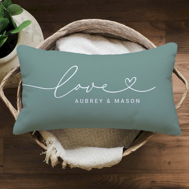 Love in Heart Script Green Custom Monogram Lumbar Cushion (Creator Uploaded)