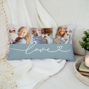 Love in Heart Script Mist Custom 3 Photo Collage Lumbar Cushion