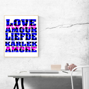 Love in Many Languages Blue Pink Hearts Poster