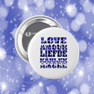Love in Many Languages Hearts Blue 6 Cm Round Badge