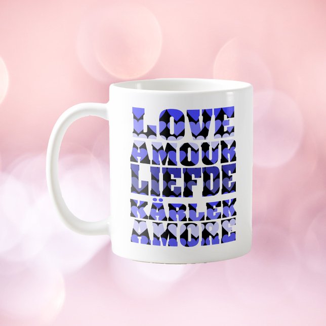 Love in Many Languages Hearts Blue Coffee Mug (A mug that says love in English, French, Dutch, Italian and Swedish with a pattern of blue hearts.)
