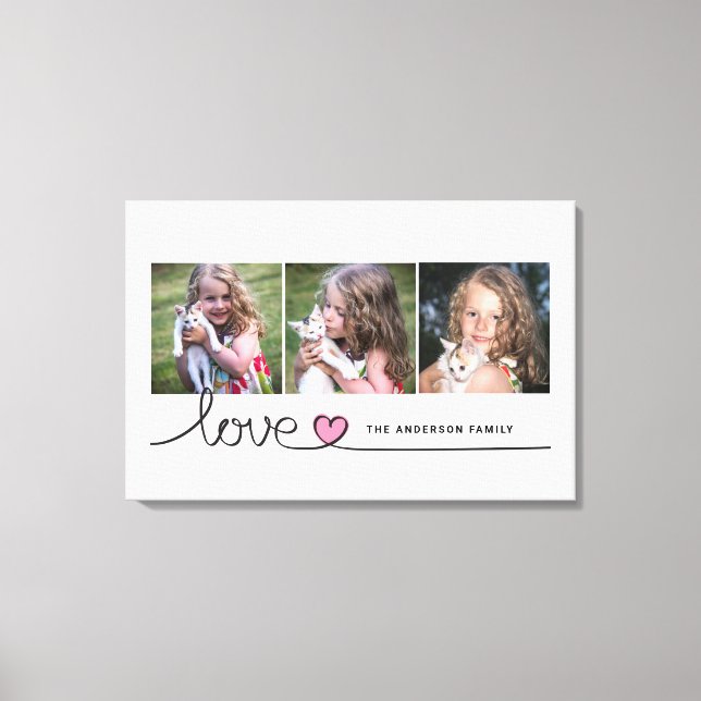 Love in Pink Heart Script Custom Photo Collage Canvas Print (Front)