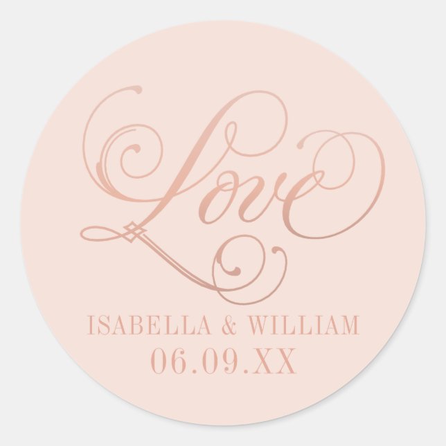 Love in Rose Gold Script Blush Wedding Monogram Classic Round Sticker (Front)