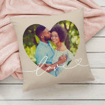 Love in Script Beige Custom Heart Shaped Photo Cushion<br><div class="desc">Modern and stylish custom throw pillow design features a favourite photo in a big heart shape with a minimal white "Love" typography overlay design that includes flourish and heart details. The neutral grey beige background colour can be modified. A unique gift idea for a newlywed couple or for your loved...</div>