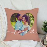 Love in Script Clay Custom Heart Shaped Photo Cushion<br><div class="desc">Modern and stylish custom throw pillow design features a favourite photo in a big heart shape with a minimal white "Love" typography overlay design that includes flourish and heart details. The muted clay orange background colour can be modified. A unique gift idea for a newlywed couple or for your loved...</div>
