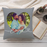 Love in Script Grey Custom Heart Shaped Photo Cushion<br><div class="desc">Modern and stylish custom throw pillow design features a favourite photo in a big heart shape with a minimal white "Love" typography overlay design that includes flourish and heart details. The grey background colour can be modified. A unique gift idea for a newlywed couple or for your loved one on...</div>