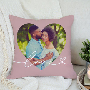 Love in Script Rose Pink Custom Heart Shaped Photo Cushion