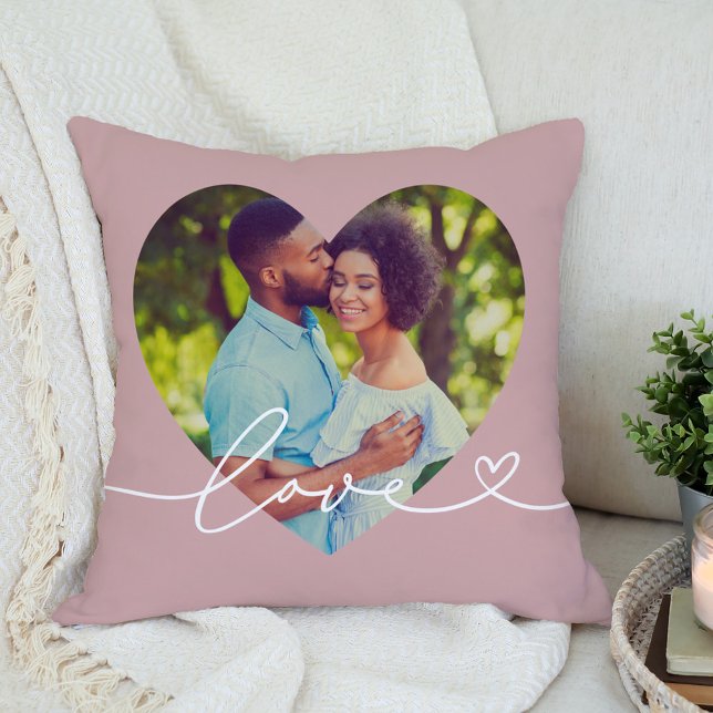 Love in Script Rose Pink Custom Heart Shaped Photo Cushion (Creator Uploaded)
