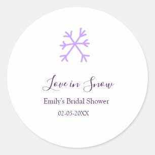 Love in Snow bridal shower purple snowflakes paste Classic Round Sticker