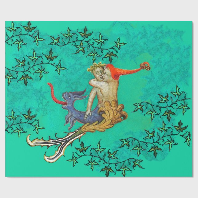 LOVE IN THE ABYSS Mermaid and Triton Valentine Day Wrapping Paper (Flat)