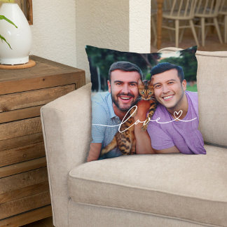 Love in White Script with Heart Custom Photo Cushion