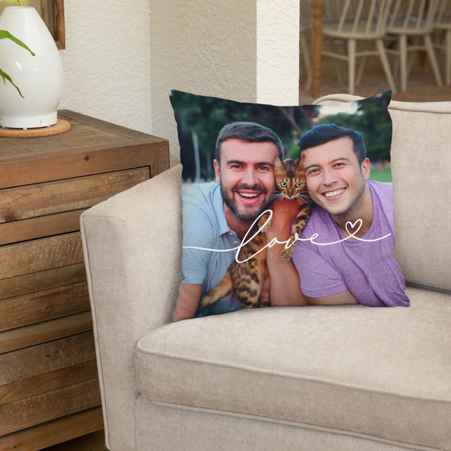 Love in White Script with Heart Custom Photo Cushion (Creator Uploaded)