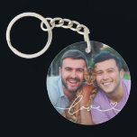 Love in White Script with Heart Custom Photo Key Ring<br><div class="desc">Modern and stylish custom keychain design features a favourite photo with a minimal white "Love" typography overlay design that includes flourish and heart details. The white coloured text can be customised.</div>